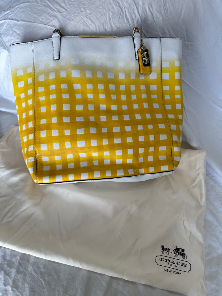 Coach Yellow And White Gingham Leather Tote